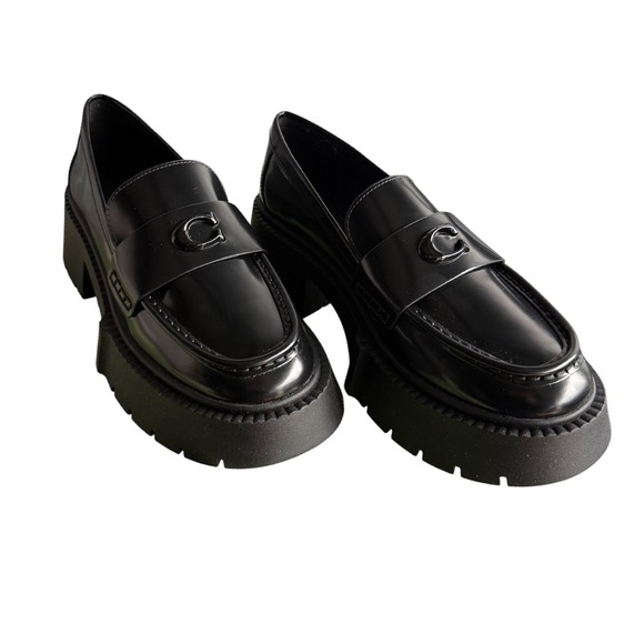 Coach Platform Loafers NWB Lug Sole Chunky Heel Black Leather Size 6 - Picture 1 of 9